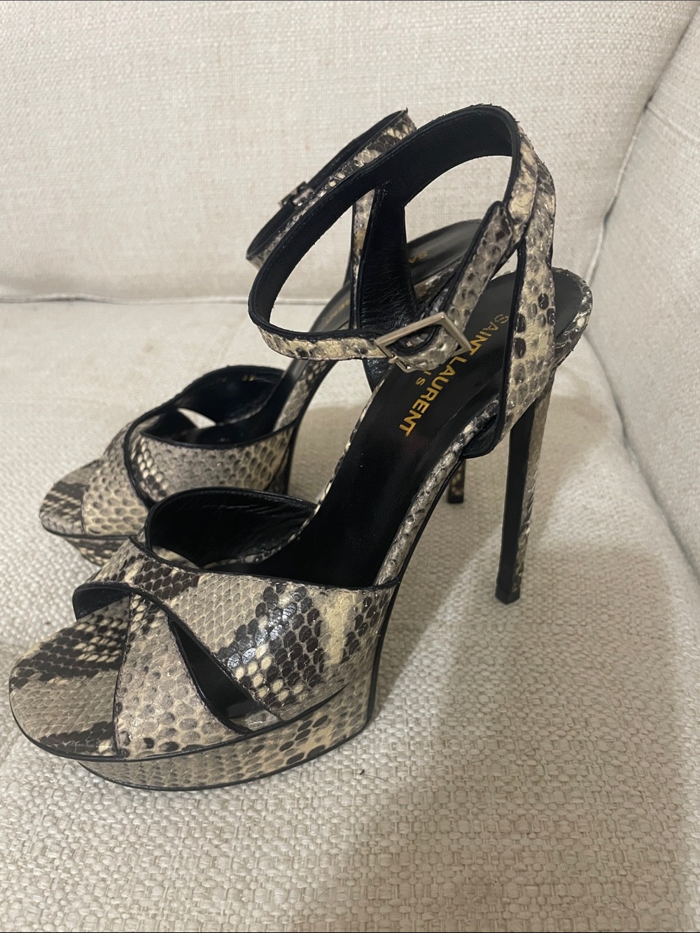 Saint Laurent Black & Neutral Snake-Print Ankle Strap Heels - Picture 3 of 8